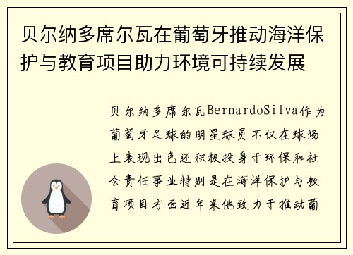 贝尔纳多席尔瓦在葡萄牙推动海洋保护与教育项目助力环境可持续发展
