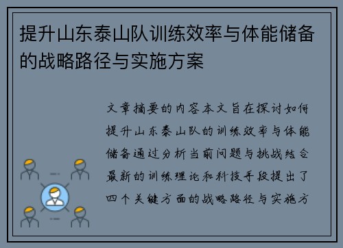 提升山东泰山队训练效率与体能储备的战略路径与实施方案