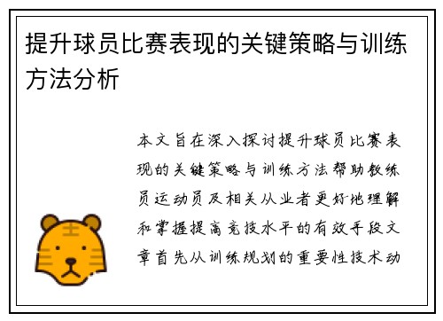 提升球员比赛表现的关键策略与训练方法分析