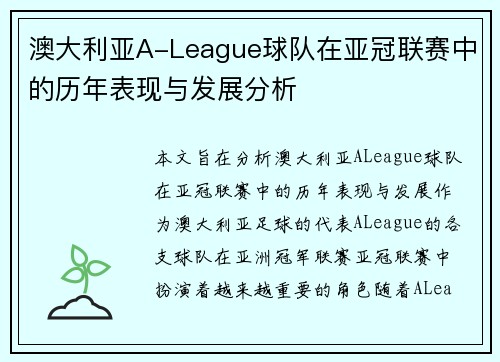 澳大利亚A-League球队在亚冠联赛中的历年表现与发展分析
