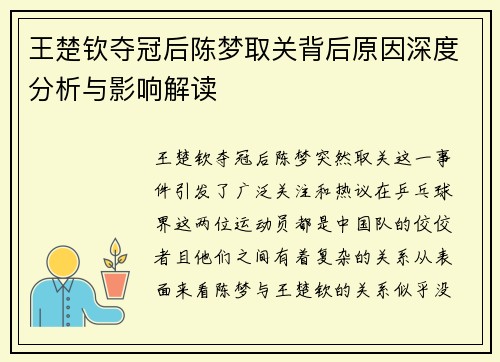 王楚钦夺冠后陈梦取关背后原因深度分析与影响解读